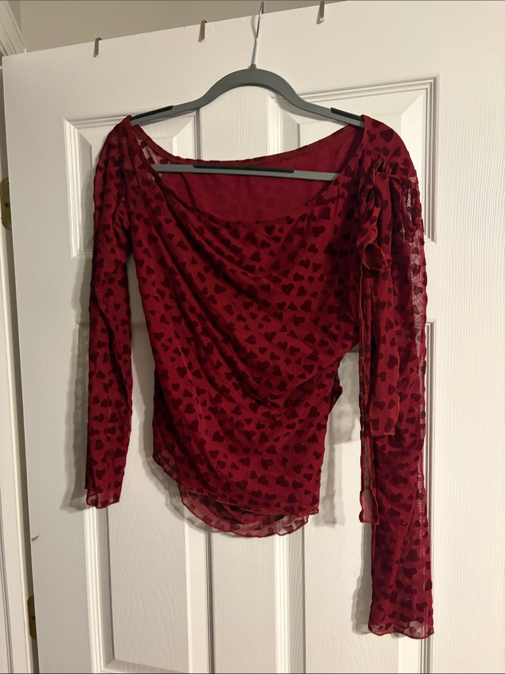 Cider Burgundy Sheer Heart-Print Long-Sleeve Top
